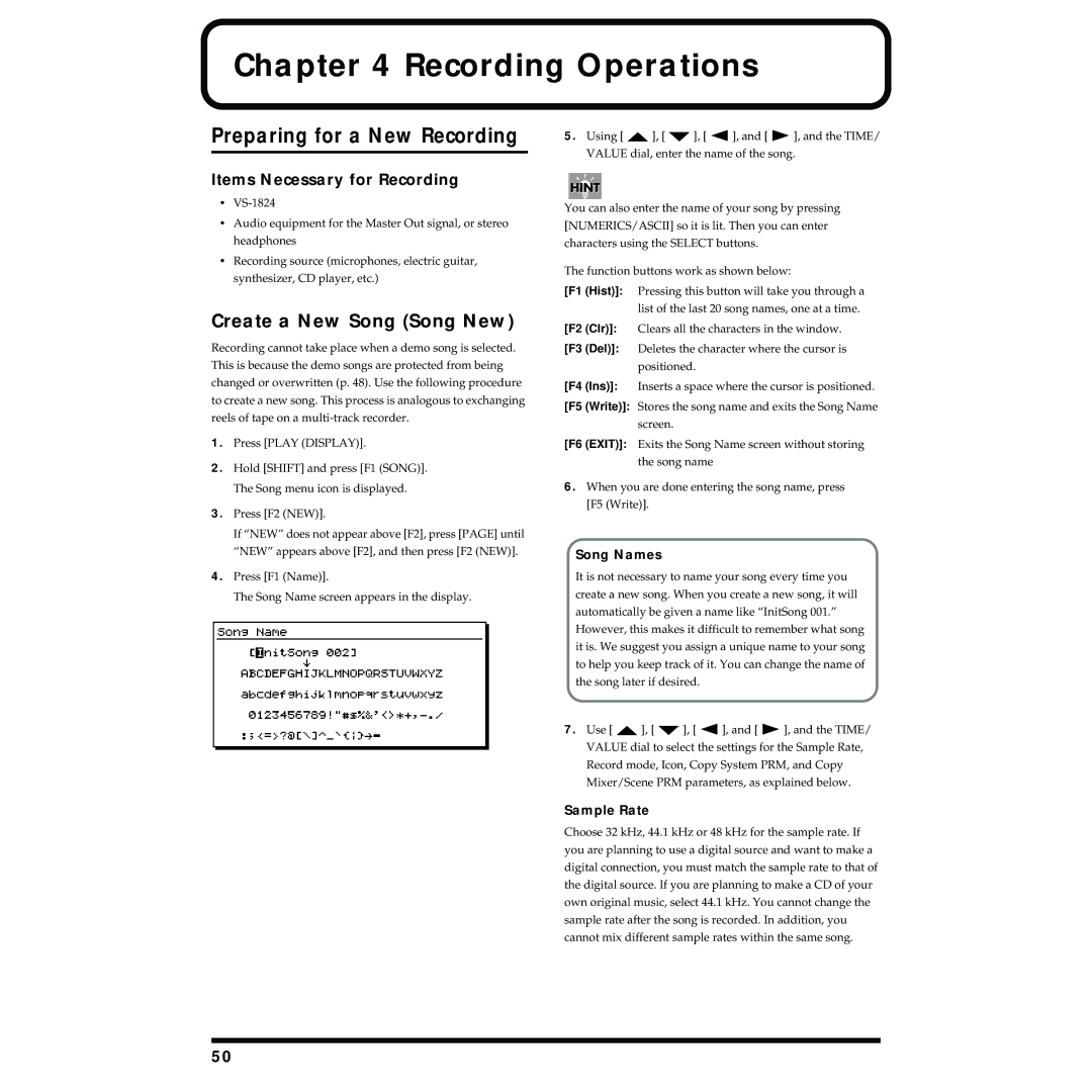 Roland VS-1824 owner manual Recording Operations, Preparing for a New Recording, Create a New Song Song New 