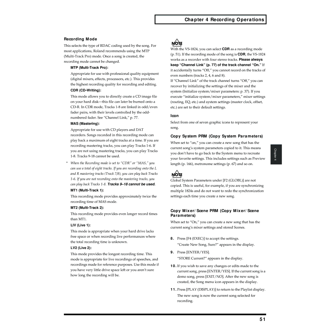 Roland VS-1824 owner manual Recording Operations, Recording Mode, Icon, Copy System PRM Copy System Parameters 