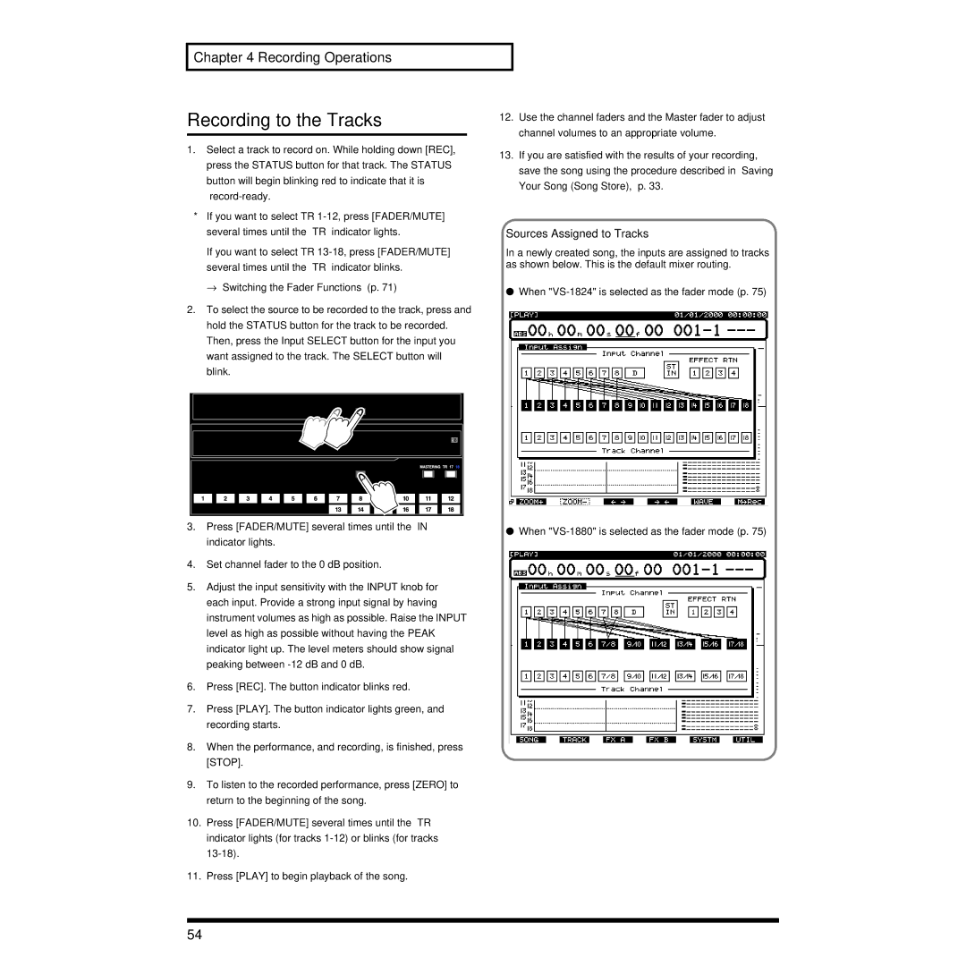 Roland VS-1824 owner manual Recording to the Tracks, Sources Assigned to Tracks 