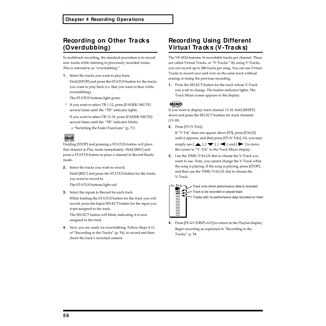 Roland VS-1824 owner manual Recording on Other Tracks Overdubbing, Recording Using Different Virtual Tracks V-Tracks 