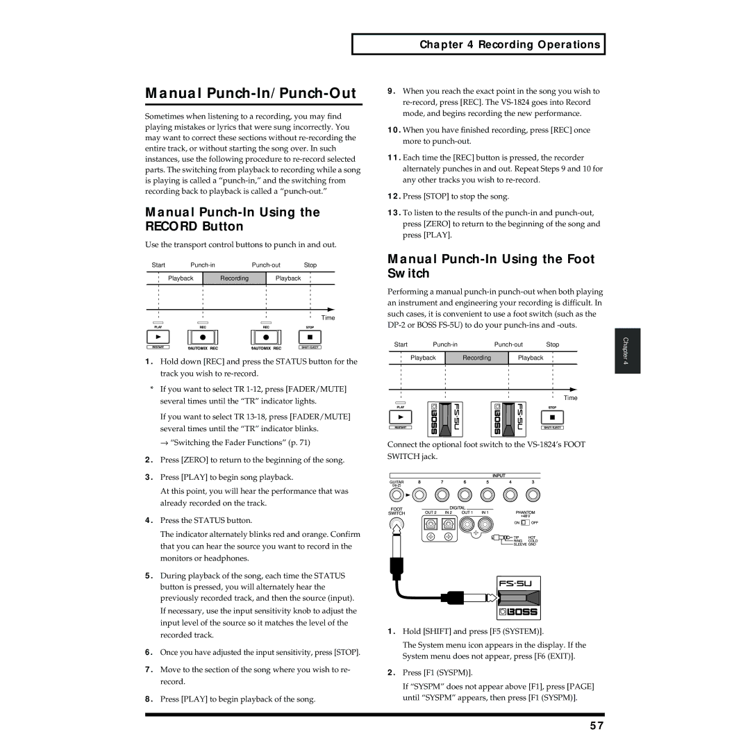 Roland VS-1824 Manual Punch-In/Punch-Out, Manual Punch-In Using the Record Button, Manual Punch-In Using the Foot Switch 