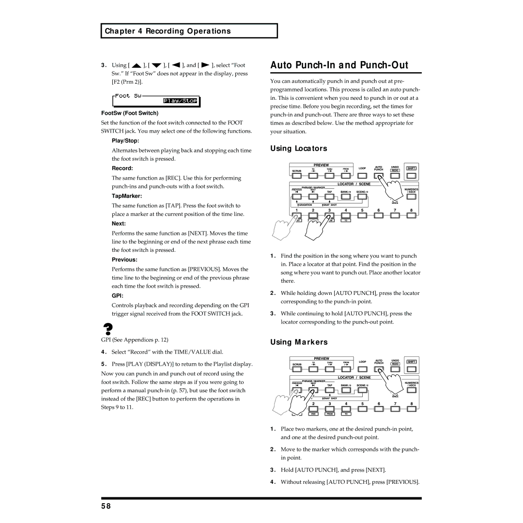 Roland VS-1824 owner manual Auto Punch-In and Punch-Out, Using Locators, Using Markers, Gpi 