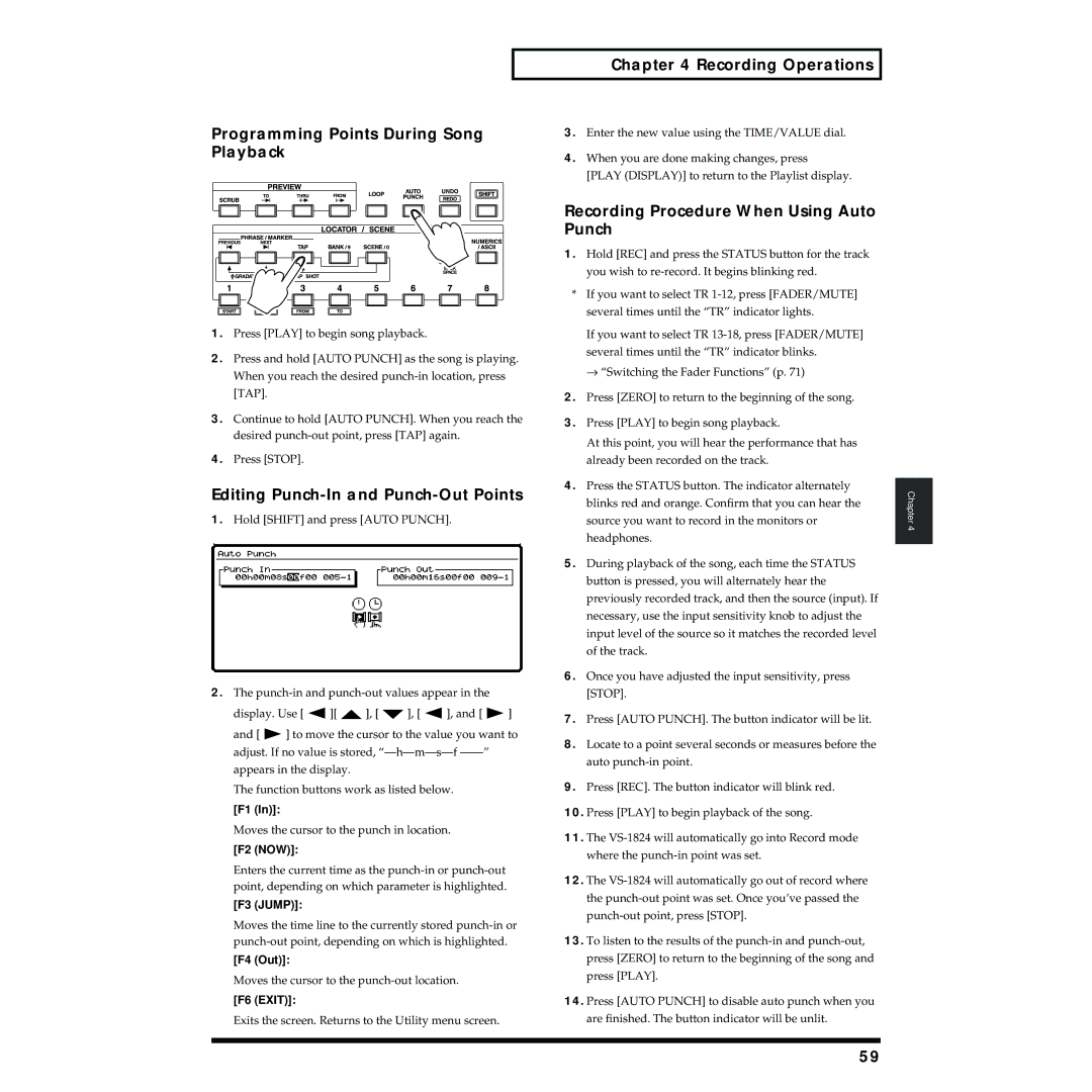 Roland VS-1824 owner manual Programming Points During Song Playback, Editing Punch-In and Punch-Out Points 