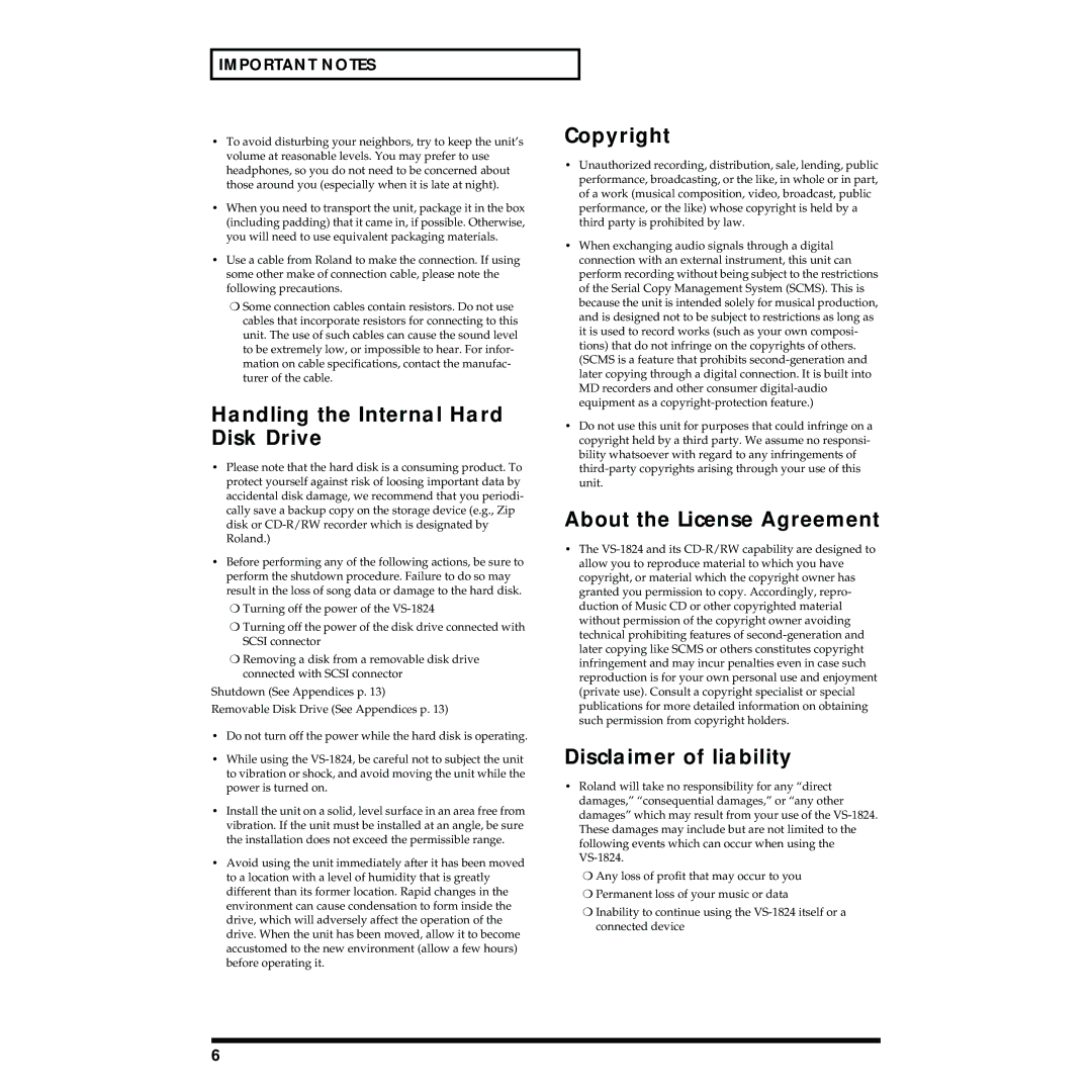 Roland VS-1824 Handling the Internal Hard Disk Drive, Copyright, About the License Agreement, Disclaimer of liability 