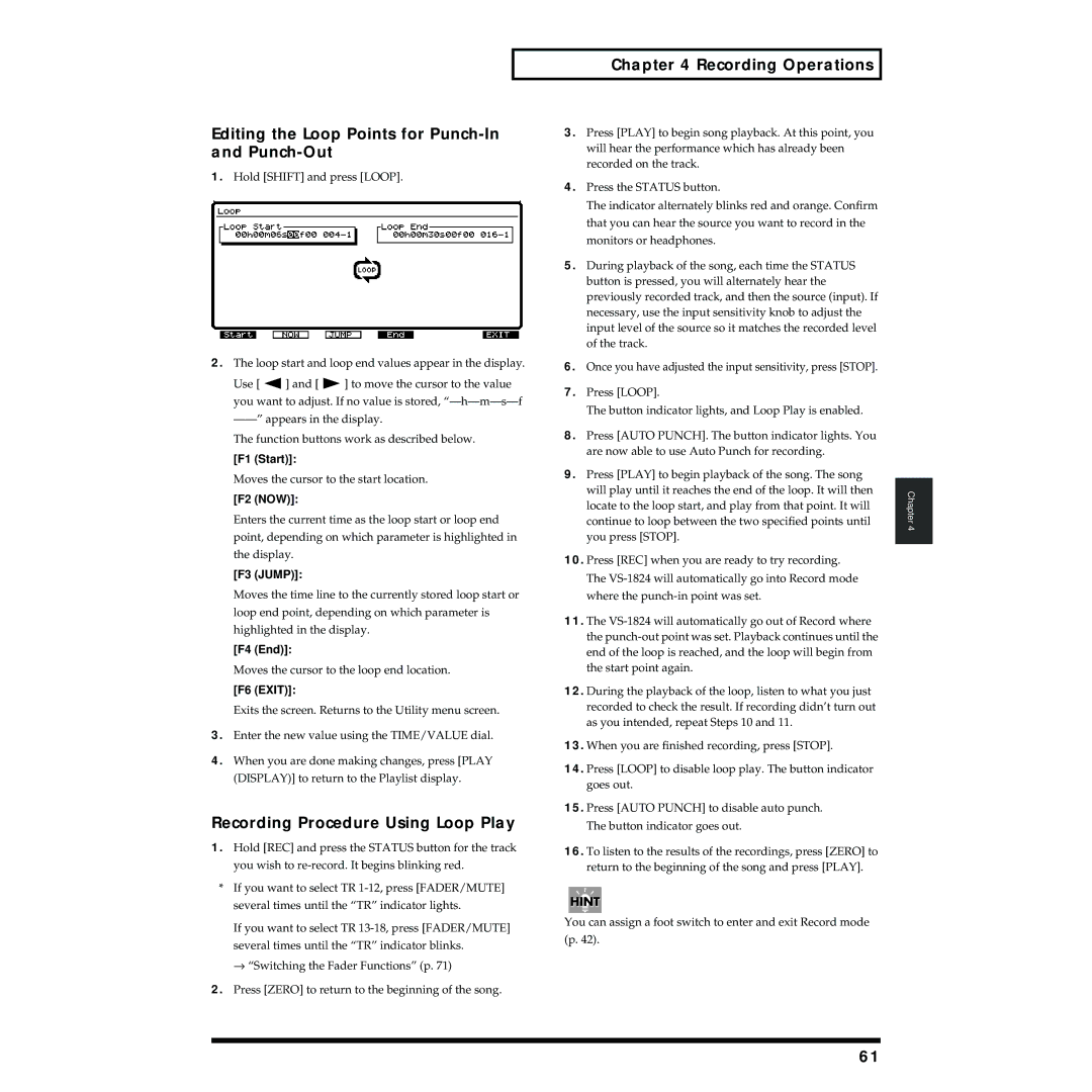 Roland VS-1824 Editing the Loop Points for Punch-In and Punch-Out, Recording Procedure Using Loop Play, F1 Start, F4 End 