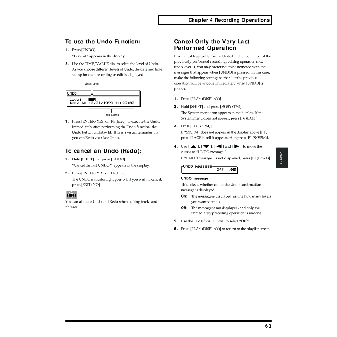 Roland VS-1824 To use the Undo Function, To cancel an Undo Redo, Cancel Only the Very Last- Performed Operation 