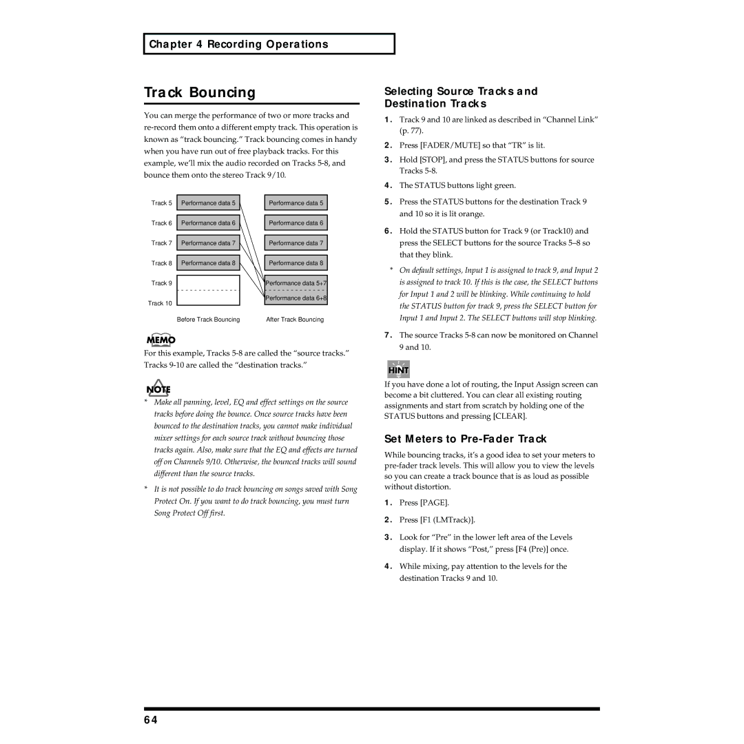 Roland VS-1824 owner manual Track Bouncing, Selecting Source Tracks Destination Tracks, Set Meters to Pre-Fader Track 