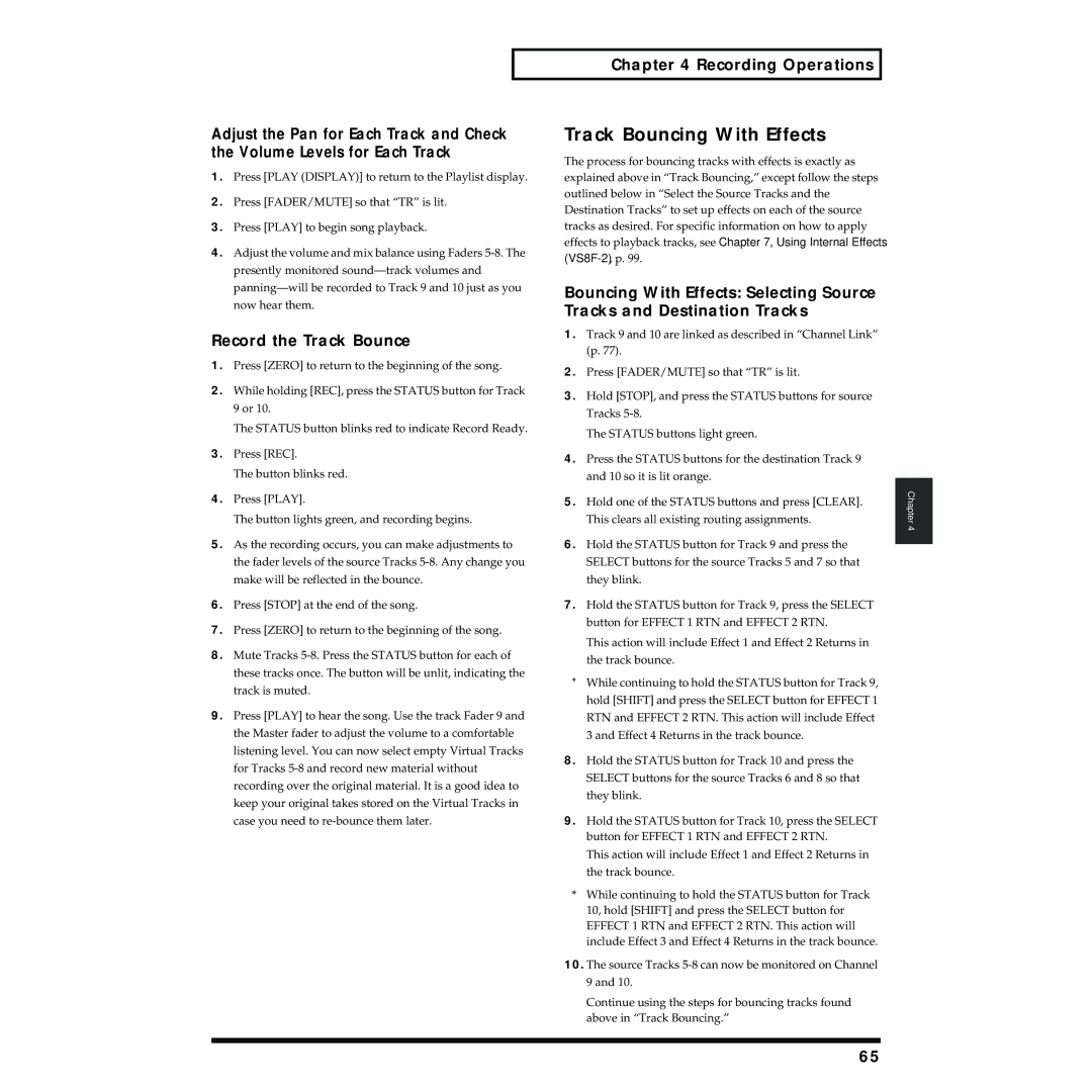 Roland VS-1824 owner manual Track Bouncing With Effects, Record the Track Bounce 