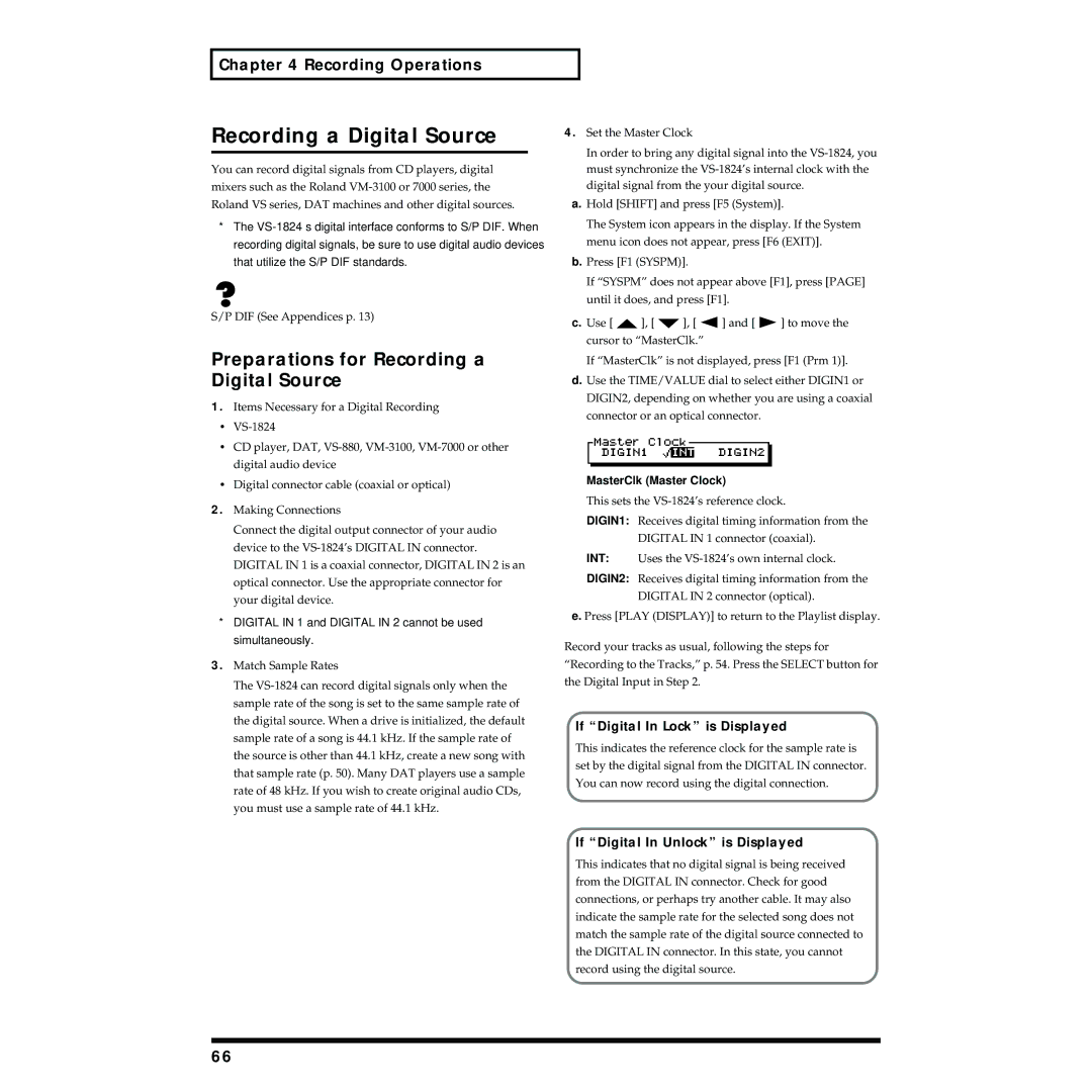 Roland VS-1824 Preparations for Recording a Digital Source, If Digital In Lock is Displayed, MasterClk Master Clock 