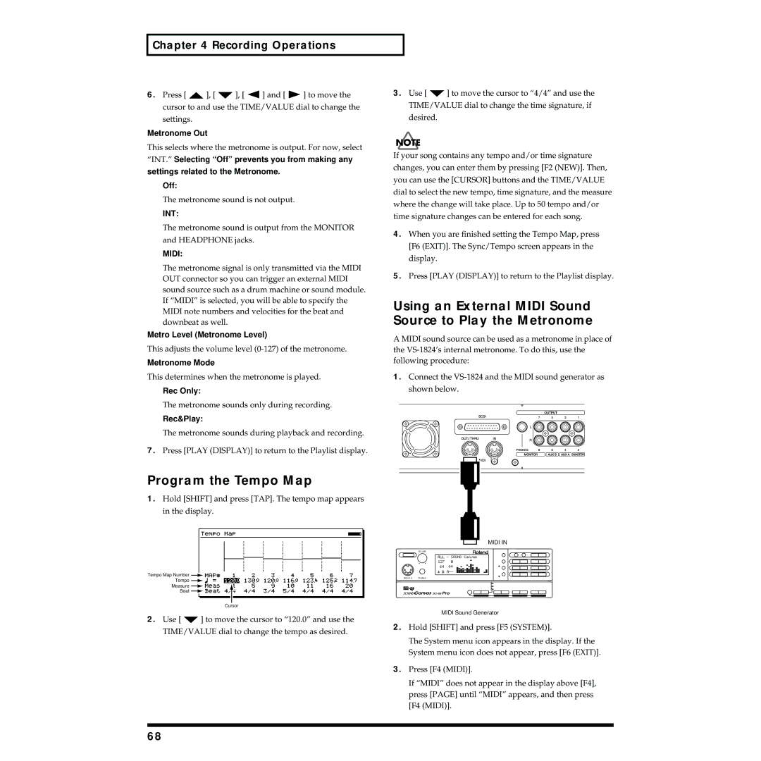 Roland VS-1824 owner manual Using an External Midi Sound Source to Play the Metronome, Program the Tempo Map, Int 