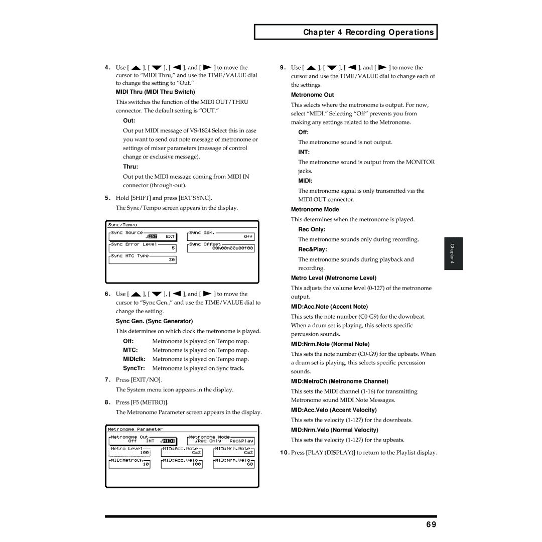 Roland VS-1824 owner manual Midi Thru Midi Thru Switch, Out, MIDAcc.Note Accent Note, MIDNrm.Note Normal Note 