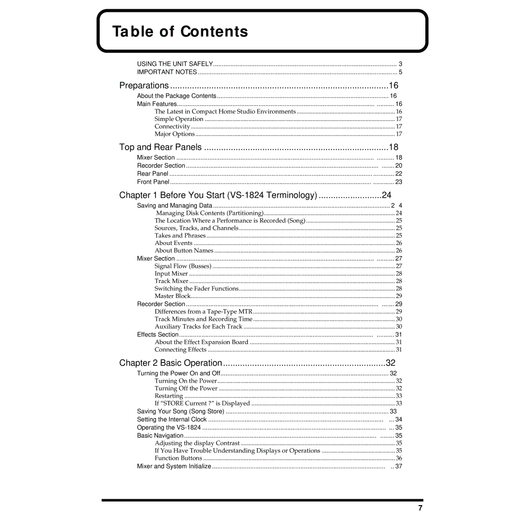 Roland VS-1824 owner manual Table of Contents 