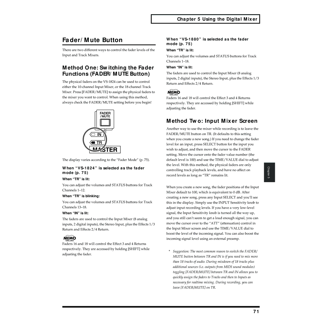 Roland VS-1824 Fader/Mute Button, Method One Switching the Fader Functions FADER/MUTE Button, Using the Digital Mixer 