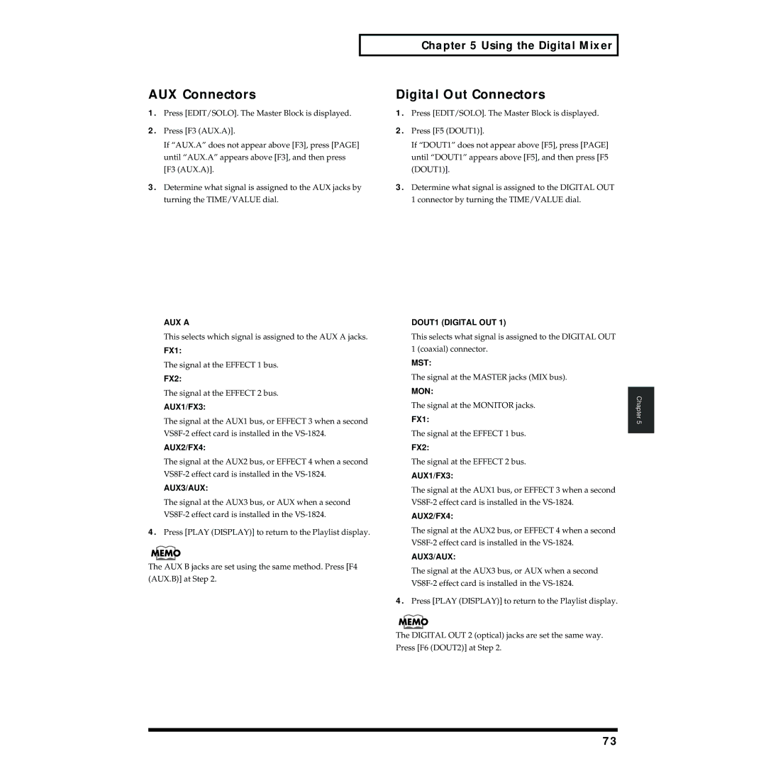 Roland VS-1824 owner manual AUX Connectors, Digital Out Connectors, AUX a, DOUT1 Digital OUT, Mon 