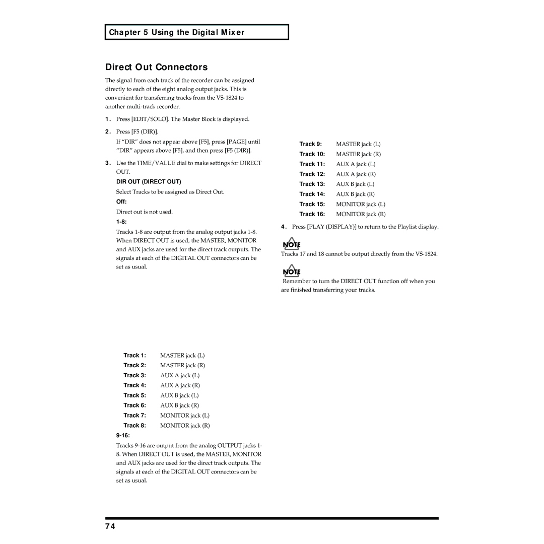 Roland VS-1824 owner manual Direct Out Connectors, DIR OUT Direct OUT 