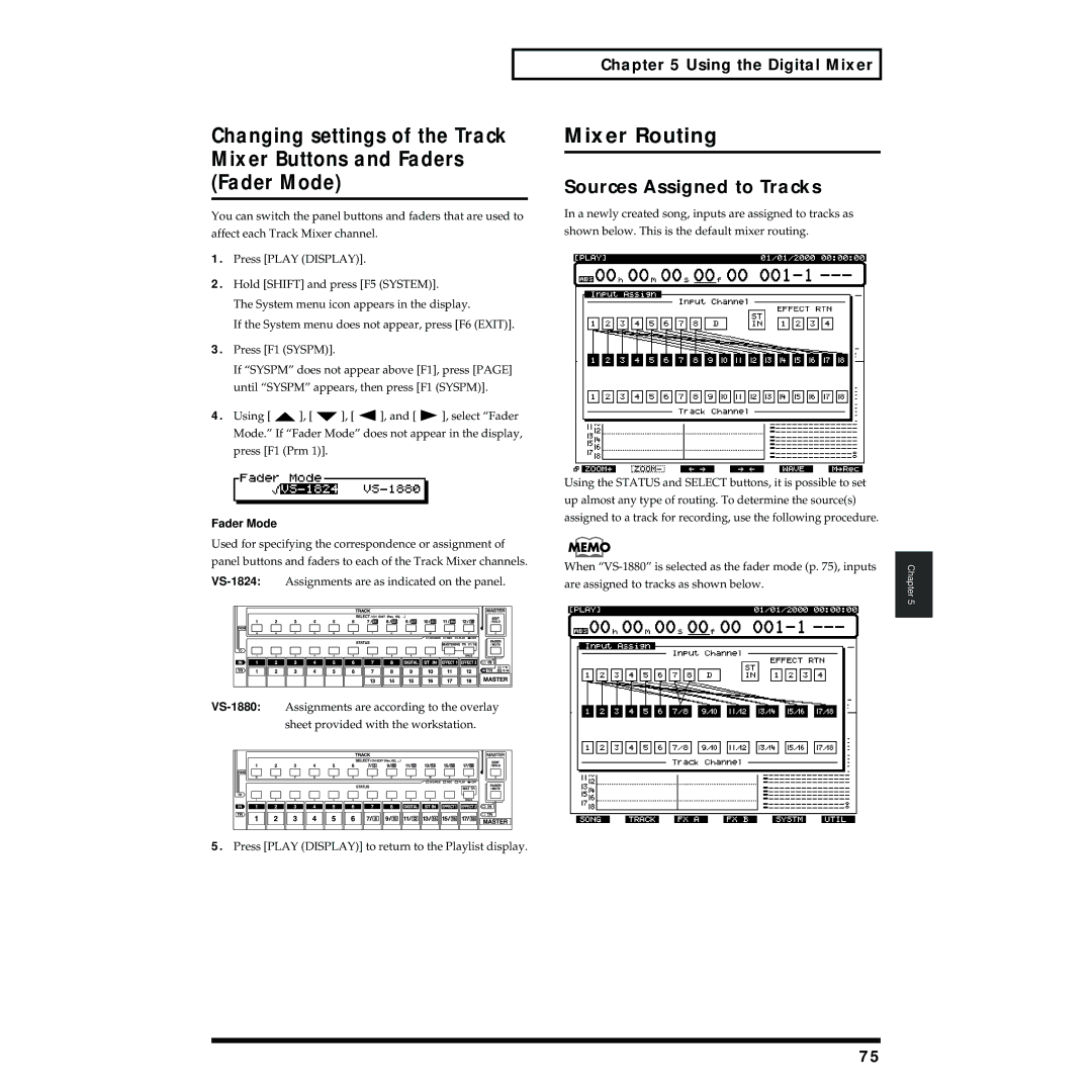 Roland VS-1824 owner manual Mixer Routing, Sources Assigned to Tracks, Fader Mode 