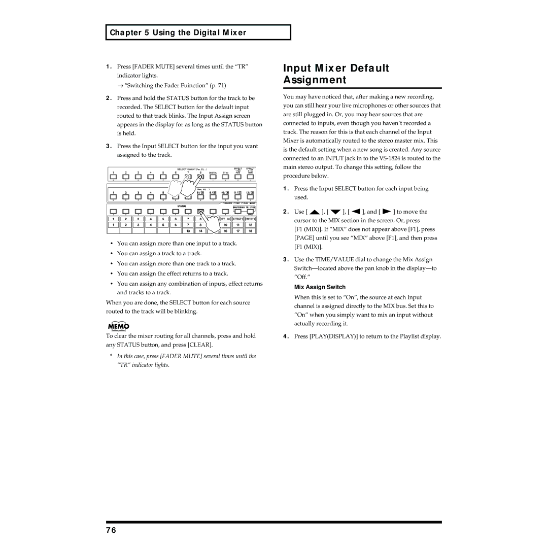 Roland VS-1824 owner manual Input Mixer Default Assignment, Mix Assign Switch 