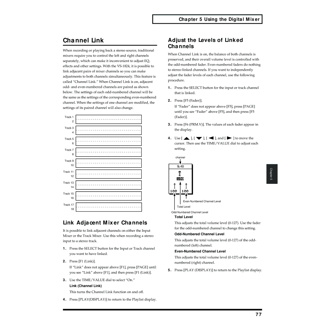 Roland VS-1824 owner manual Channel Link, Link Adjacent Mixer Channels, Adjust the Levels of Linked Channels 