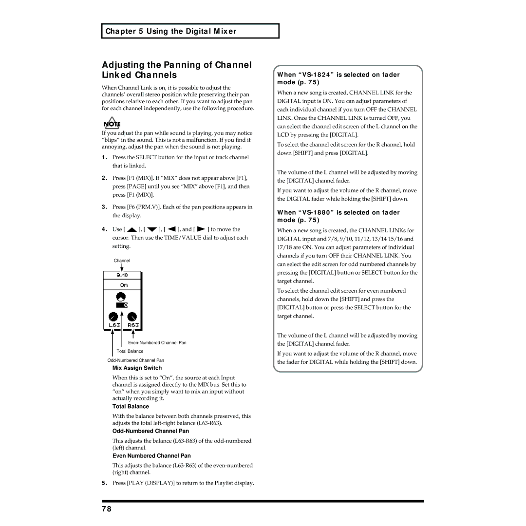 Roland owner manual Adjusting the Panning of Channel Linked Channels, When VS-1824 is selected on fader mode p 