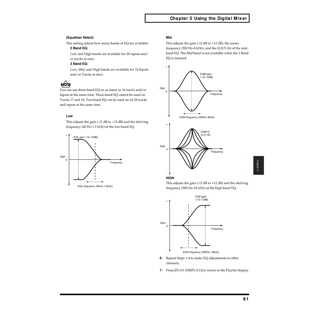 Roland VS-1824 owner manual Equalizer Select, Band EQ, Low, Mid, High 