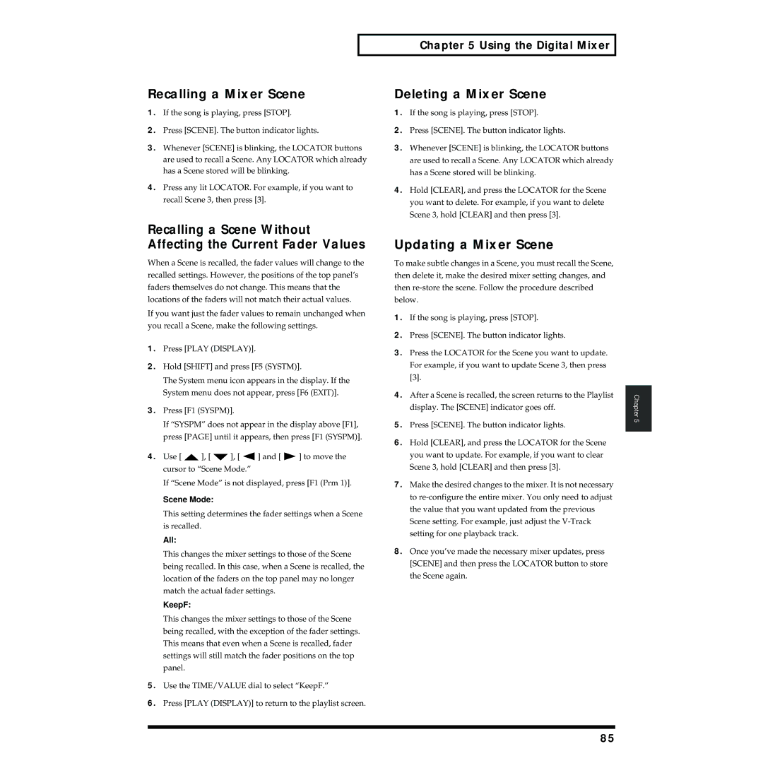 Roland VS-1824 owner manual Recalling a Mixer Scene, Deleting a Mixer Scene, Updating a Mixer Scene 