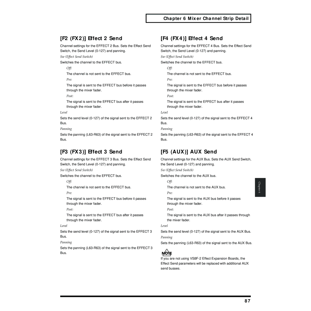 Roland VS-1824 owner manual F2 FX2 Effect 2 Send, F4 FX4 Effect 4 Send, F3 FX3 Effect 3 Send, F5 AUX AUX Send 