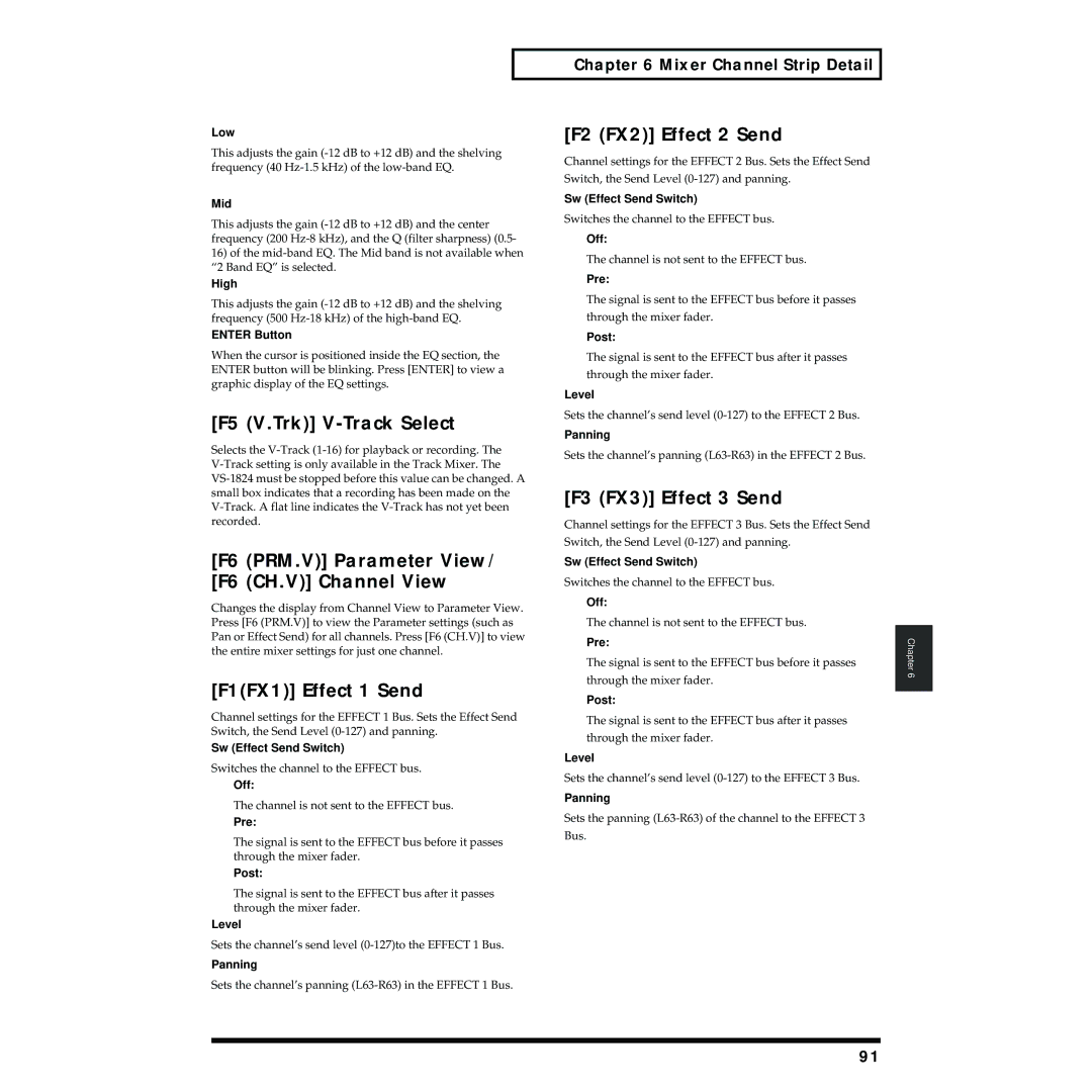 Roland VS-1824 owner manual F5 V.Trk V-Track Select, F1FX1 Effect 1 Send 