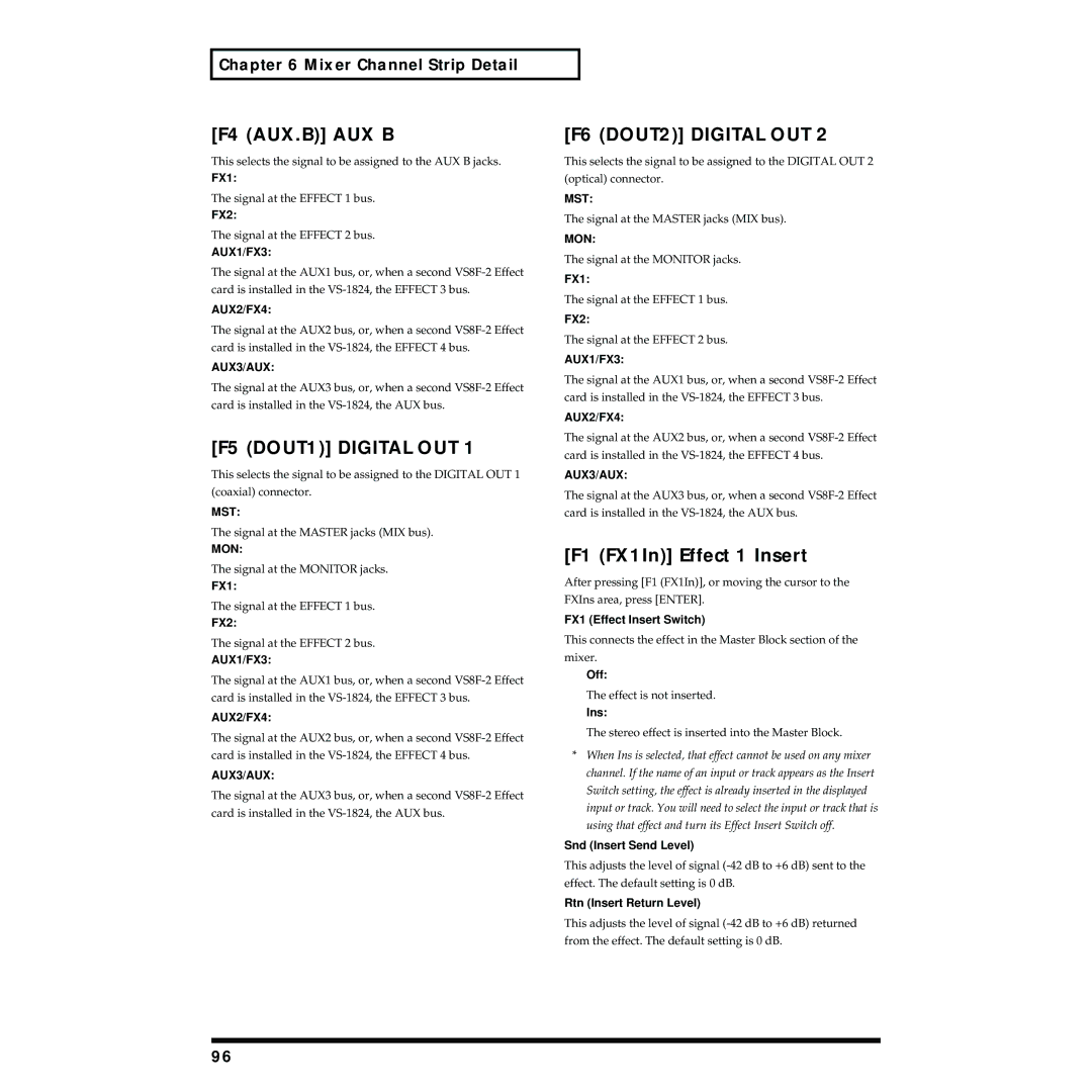 Roland VS-1824 owner manual F4 AUX.B AUX B, F5 DOUT1 Digital OUT 