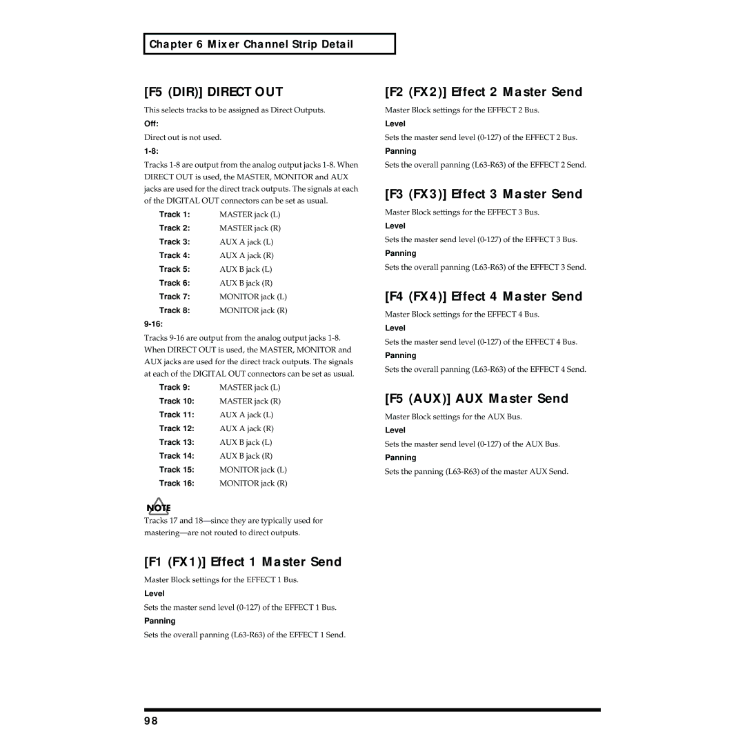 Roland VS-1824 owner manual F1 FX1 Effect 1 Master Send, F2 FX2 Effect 2 Master Send, F3 FX3 Effect 3 Master Send 