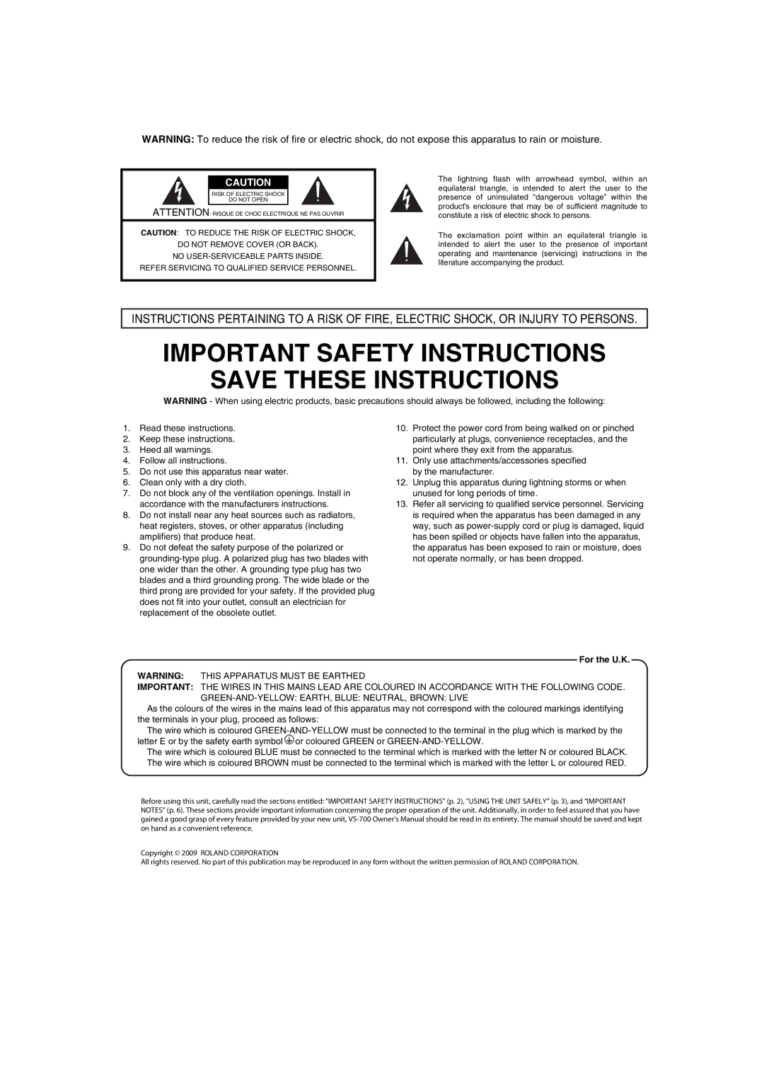 Roland VS-700R owner manual Important Safety Instructions 