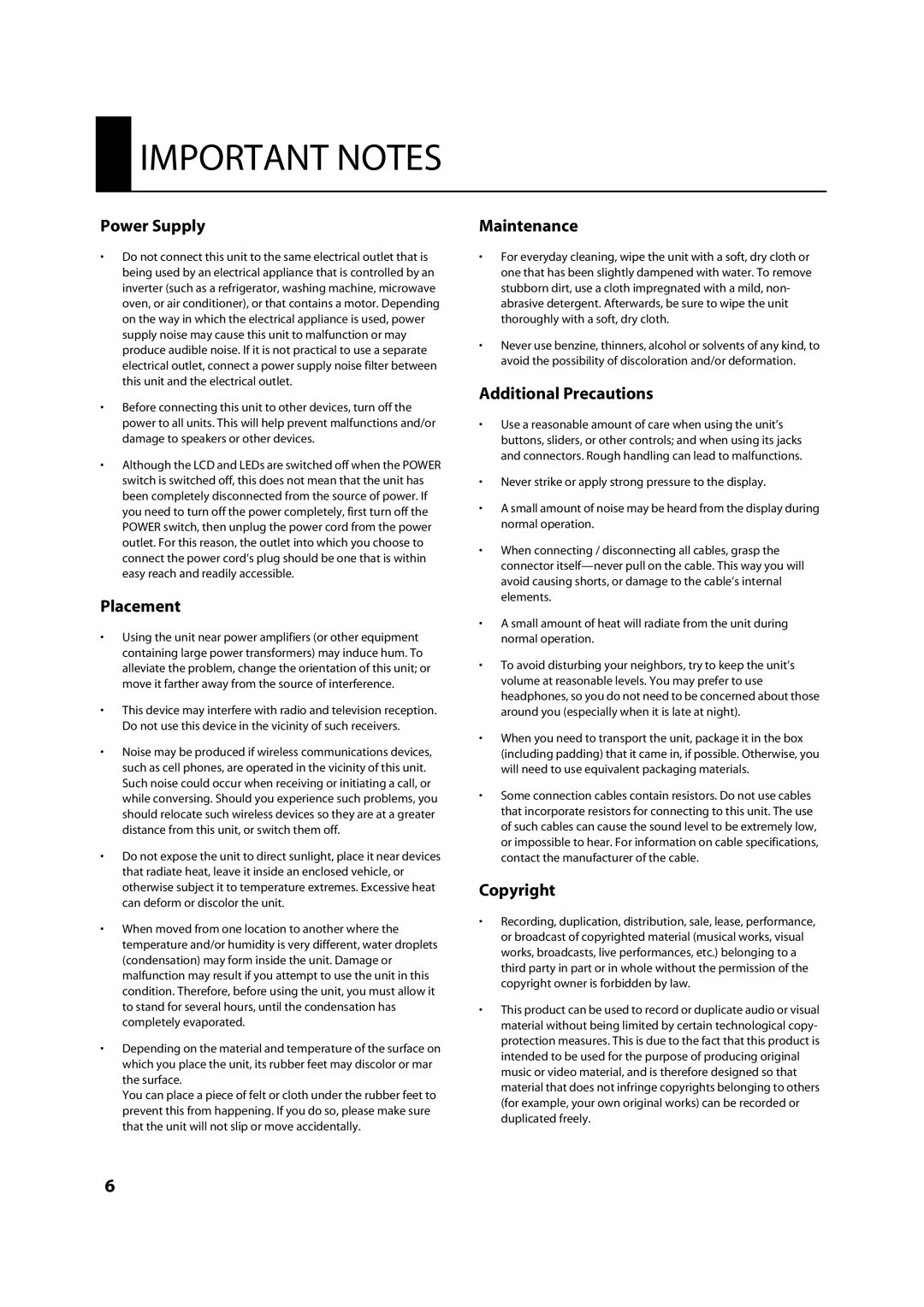 Roland VS-700R owner manual Important Notes 