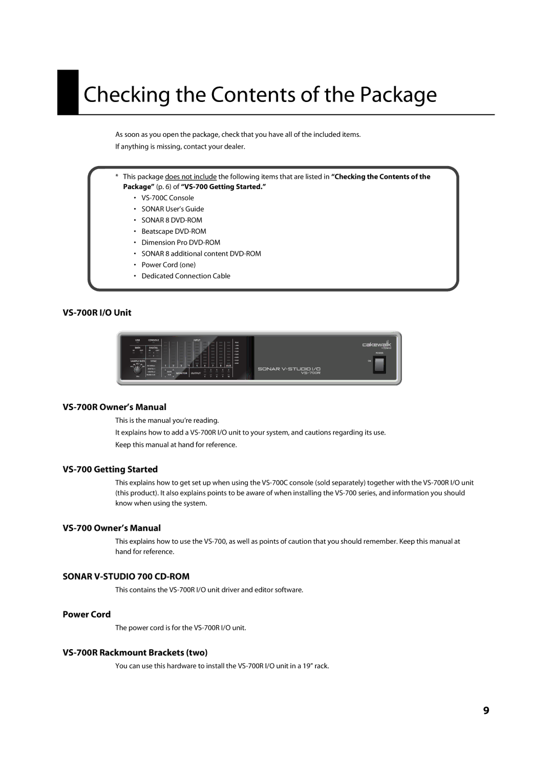 Roland VS-700R owner manual Checking the Contents of the Package 