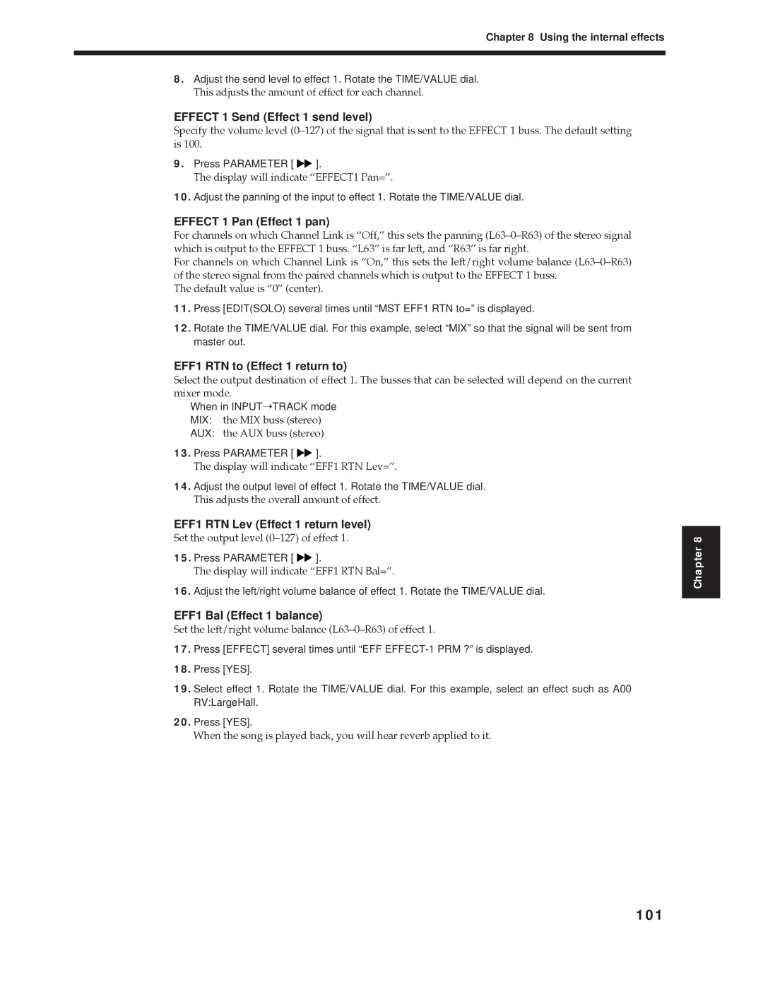 Roland Vs-880 important safety instructions 101, Effect 1 Pan Effect 1 pan, Using the internal effects 