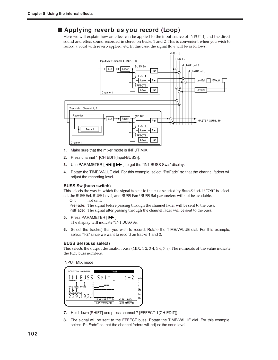 Roland Vs-880 Applying reverb as you record Loop, 102, Buss Sw buss switch, Buss Sel buss select 