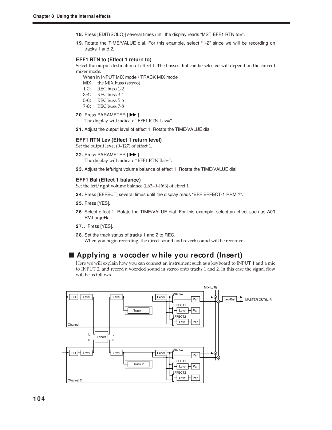 Roland Vs-880 important safety instructions Applying a vocoder while you record Insert, 104 