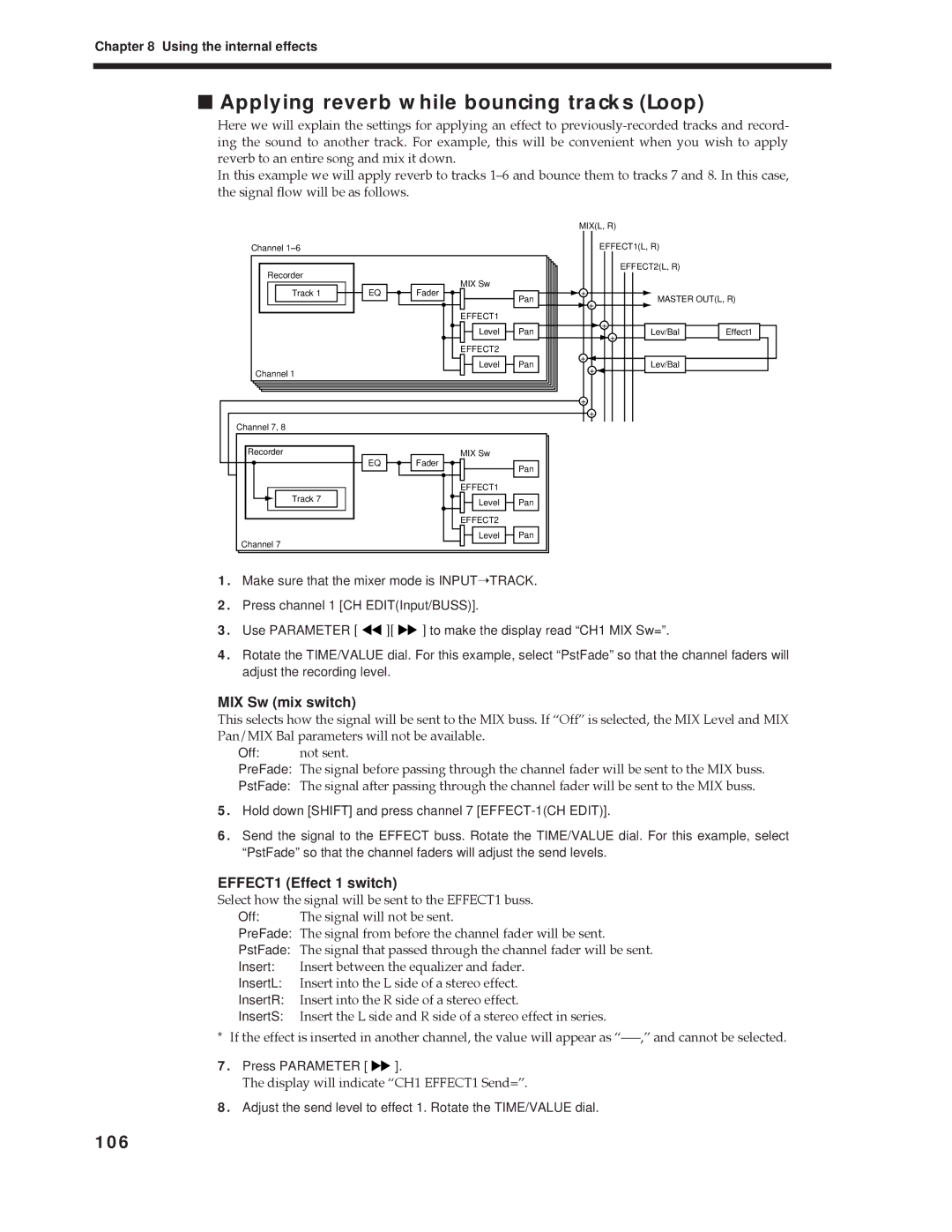 Roland Vs-880 important safety instructions Applying reverb while bouncing tracks Loop, 106 