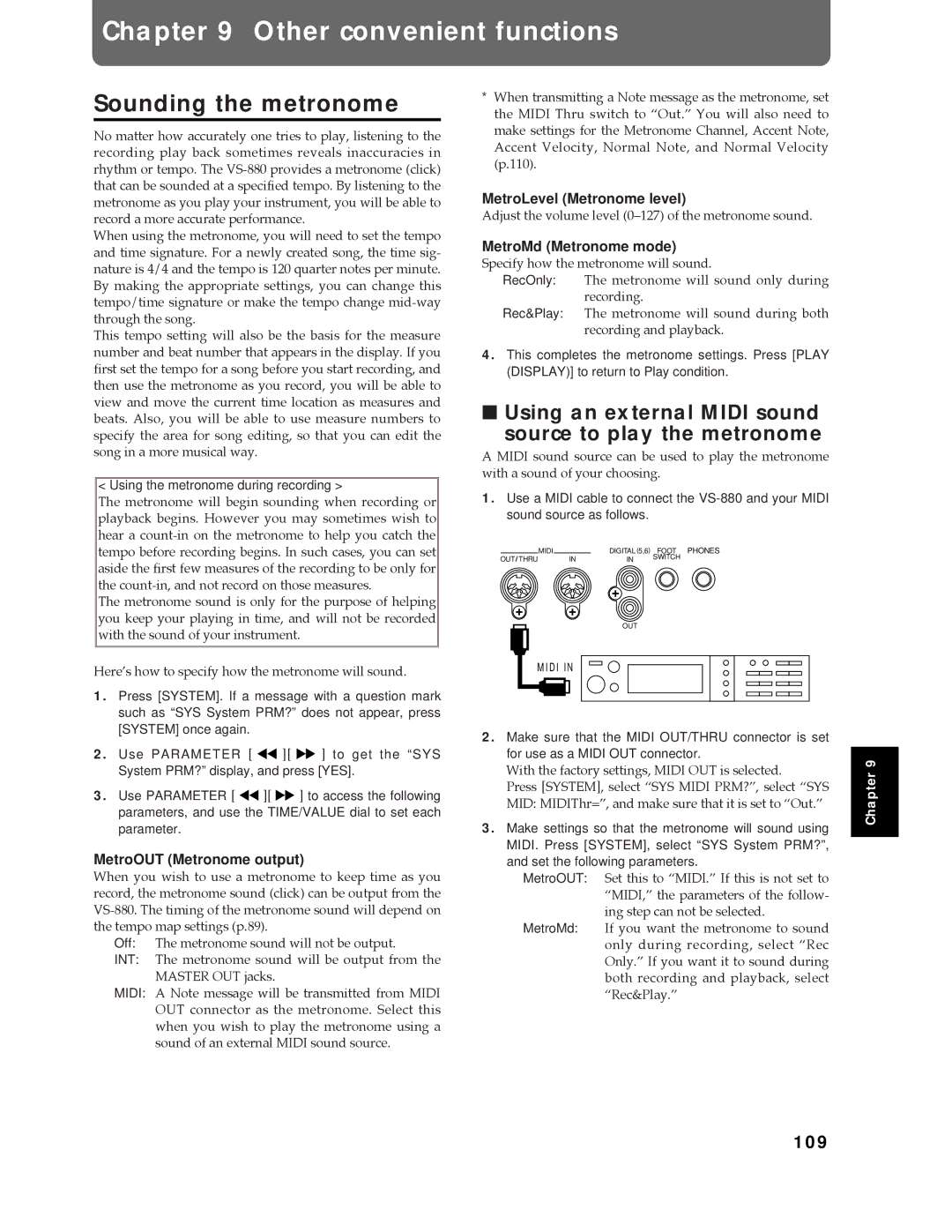 Roland Vs-880 important safety instructions Other convenient functions, Sounding the metronome 