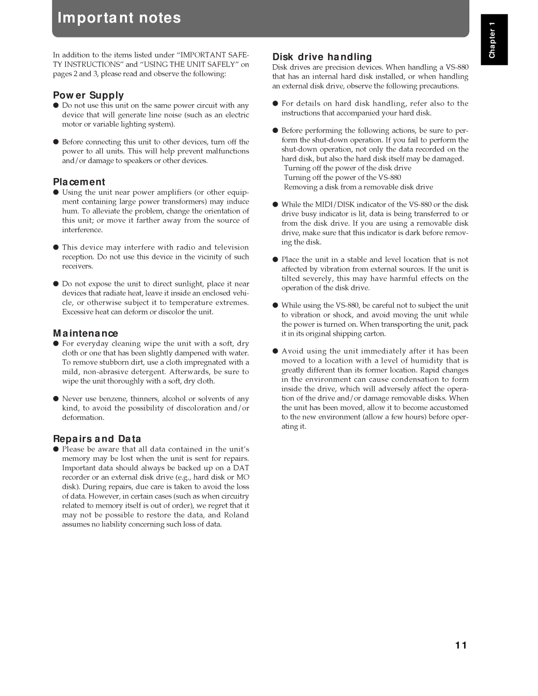 Roland Vs-880 important safety instructions Important notes 