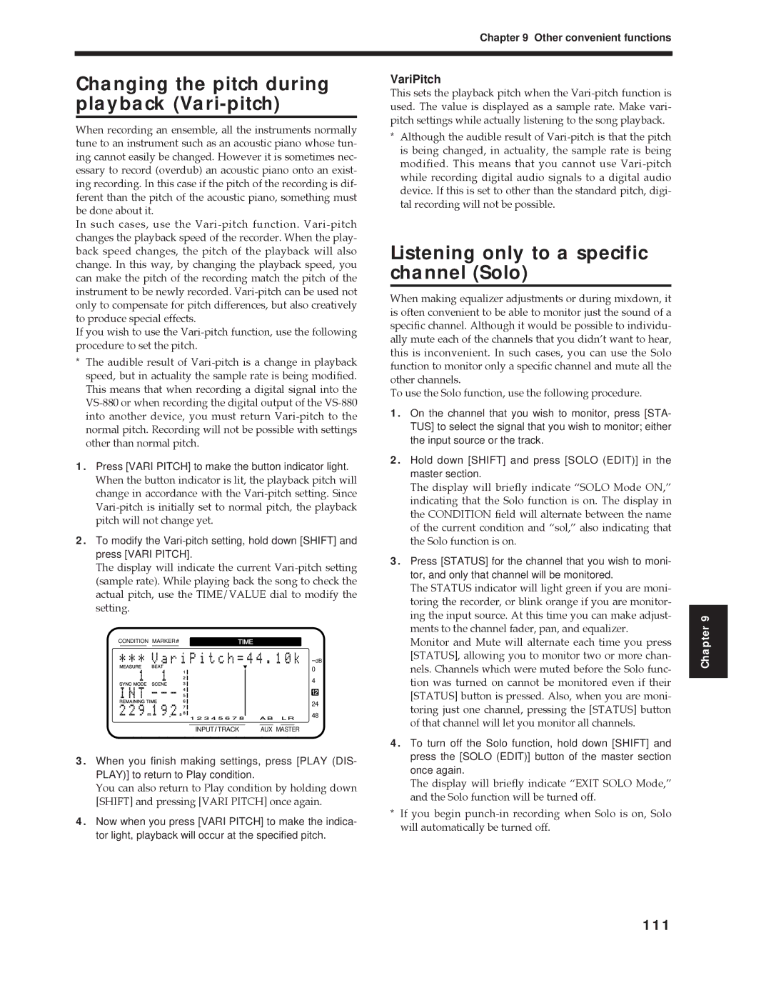 Roland Vs-880 Changing the pitch during playback Vari-pitch, Listening only to a specific channel Solo, 111 