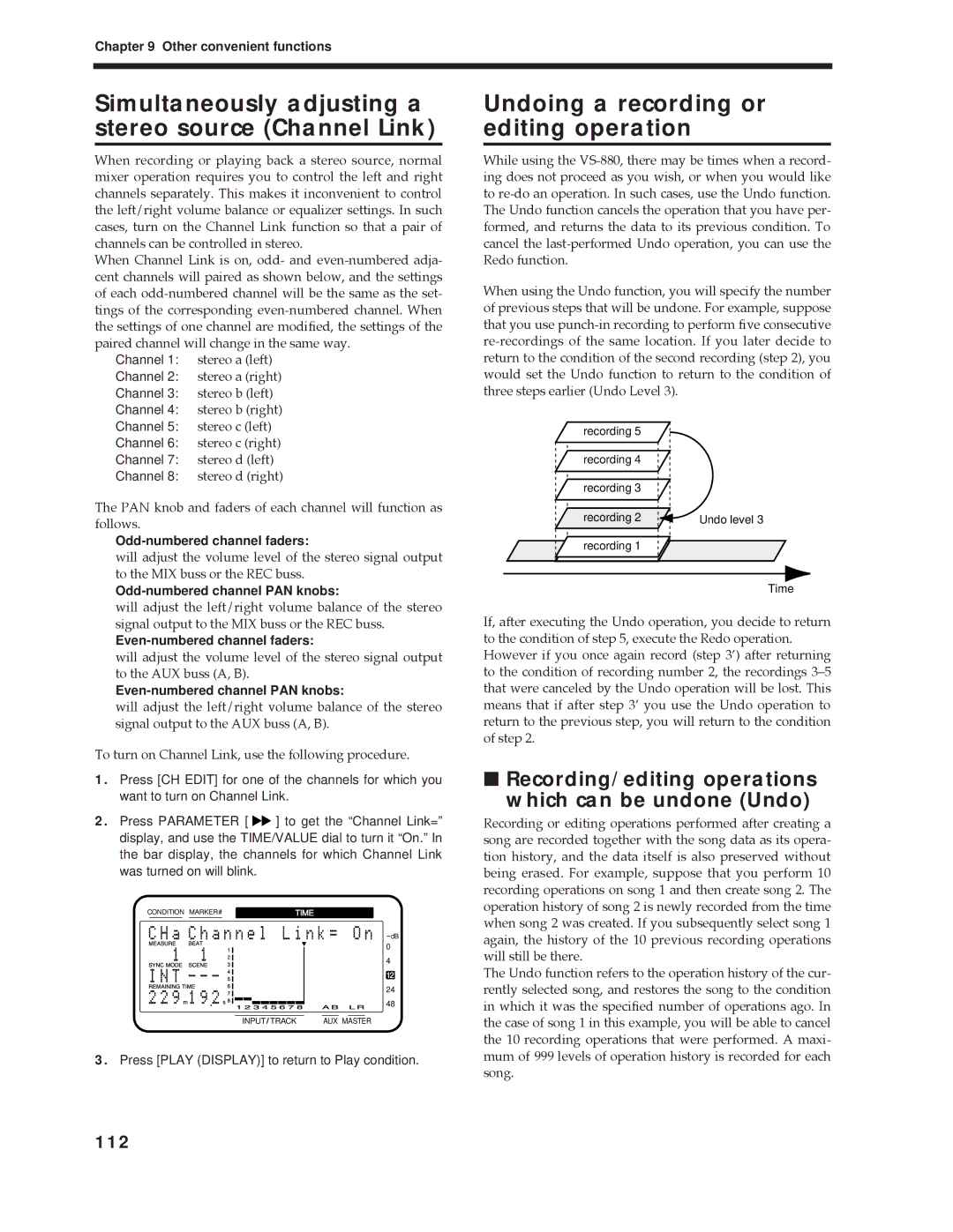 Roland Vs-880 Simultaneously adjusting a stereo source Channel Link, Undoing a recording or editing operation, 112 