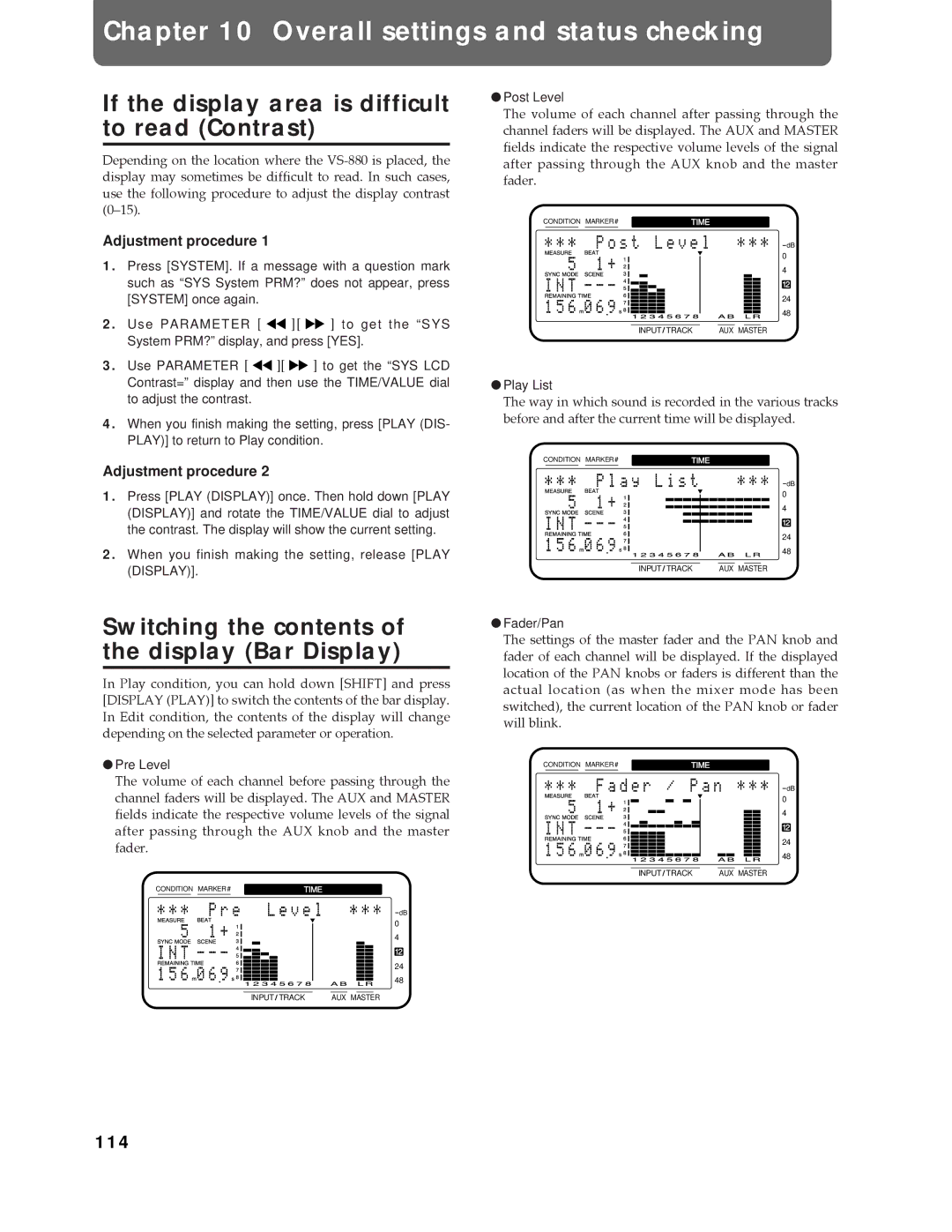 Roland Vs-880 Overall settings and status checking, If the display area is difficult to read Contrast 