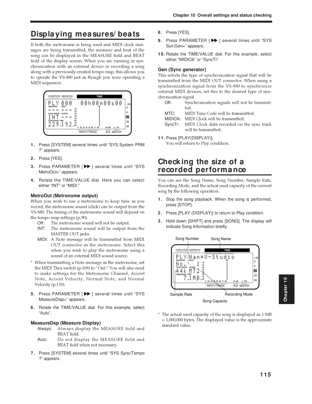 Roland Vs-880 Displaying measures/beats, Checking the size of a recorded performance, 115, MeasureDsp Measure Display 