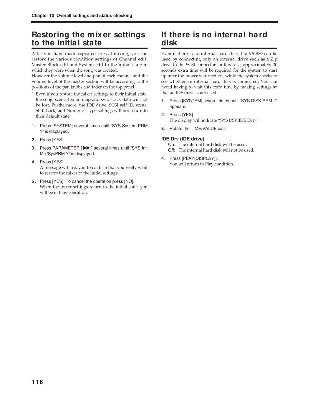 Roland Vs-880 Restoring the mixer settings to the initial state, If there is no internal hard disk, 116, IDE Drv IDE drive 