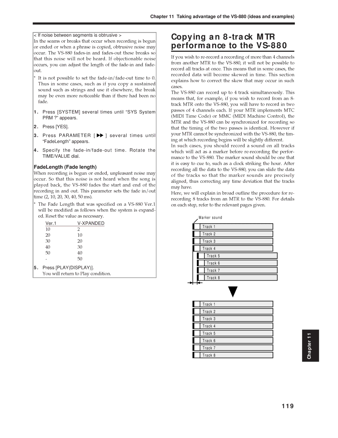 Roland Vs-880 important safety instructions Copying an 8-track MTR performance to the VS-880, 119, FadeLength Fade length 