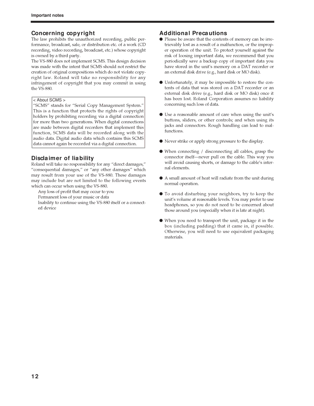 Roland Vs-880 Concerning copyright, Disclaimer of liability, Additional Precautions, Important notes 