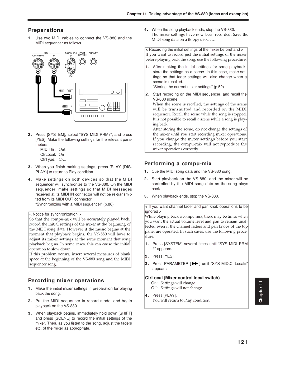 Roland Vs-880 Preparations, Recording mixer operations, Performing a compu-mix, 121, CtrLocal Mixer control local switch 