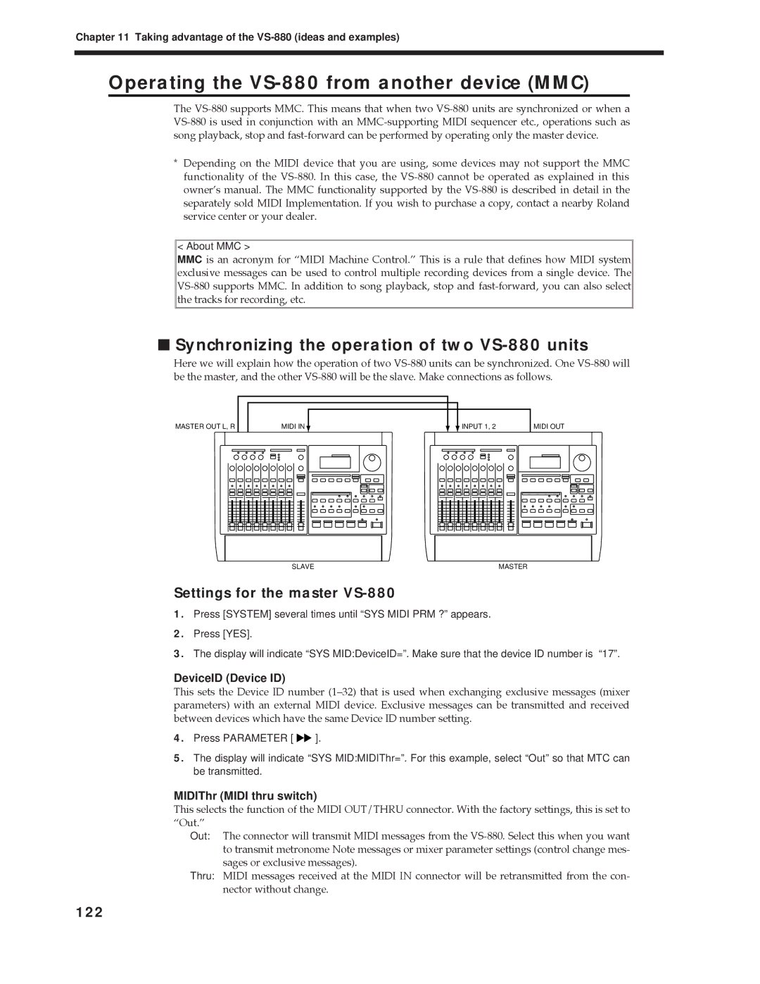 Roland Vs-880 Operating the VS-880 from another device MMC, Synchronizing the operation of two VS-880 units, 122 