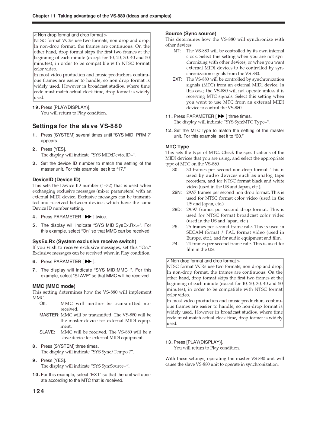 Roland Vs-880 important safety instructions Settings for the slave VS-880, 124, SysEx.Rx System exclusive receive switch 