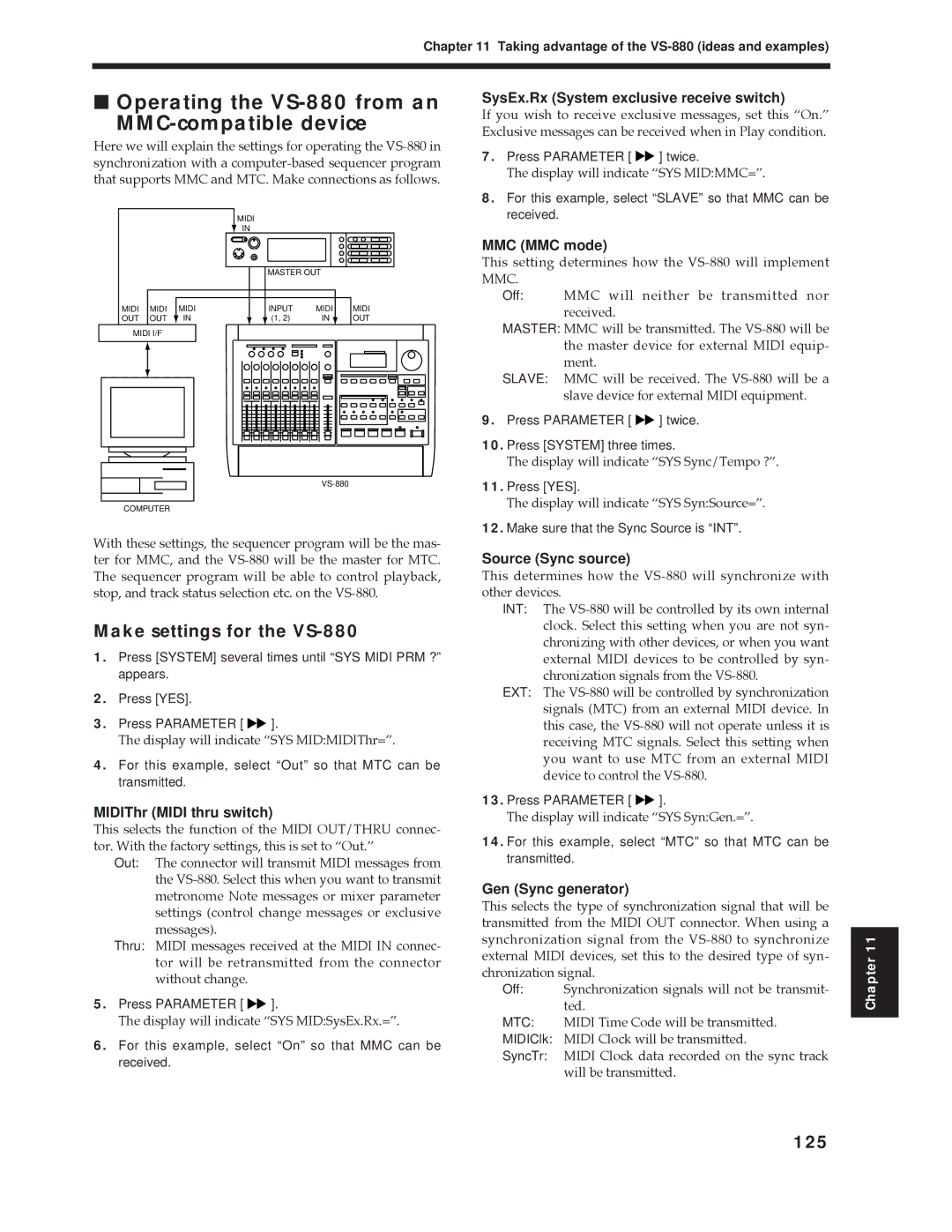 Roland Vs-880 Operating the VS-880 from an MMC-compatible device, Make settings for the VS-880, 125 