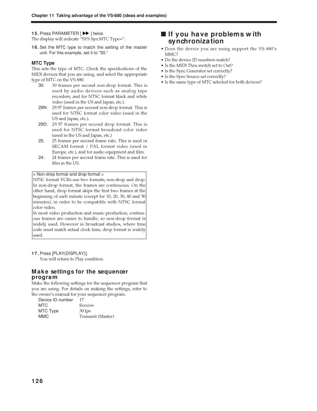 Roland Vs-880 If you have problems with Synchronization, Make settings for the sequencer program, 126 